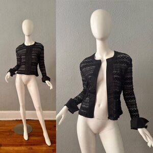 Vintage 90s Black Sheer Lace Y2K Beaded Zip Jacket Top M